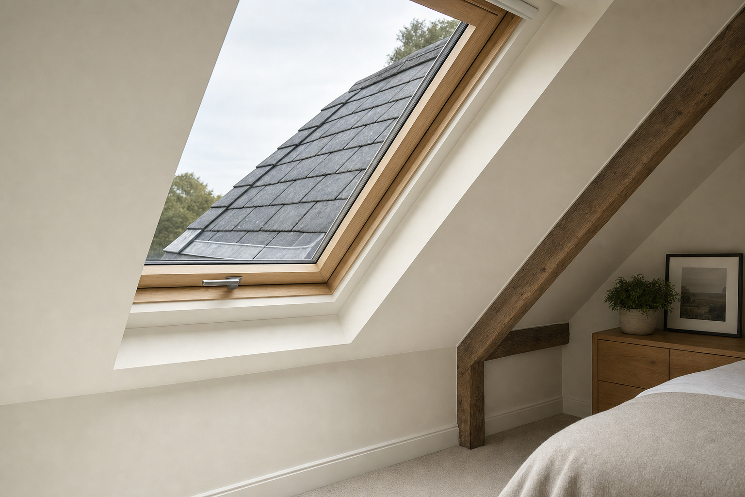 Attic bedroom with a large skylight, wooden beam, dresser, and potted plant.