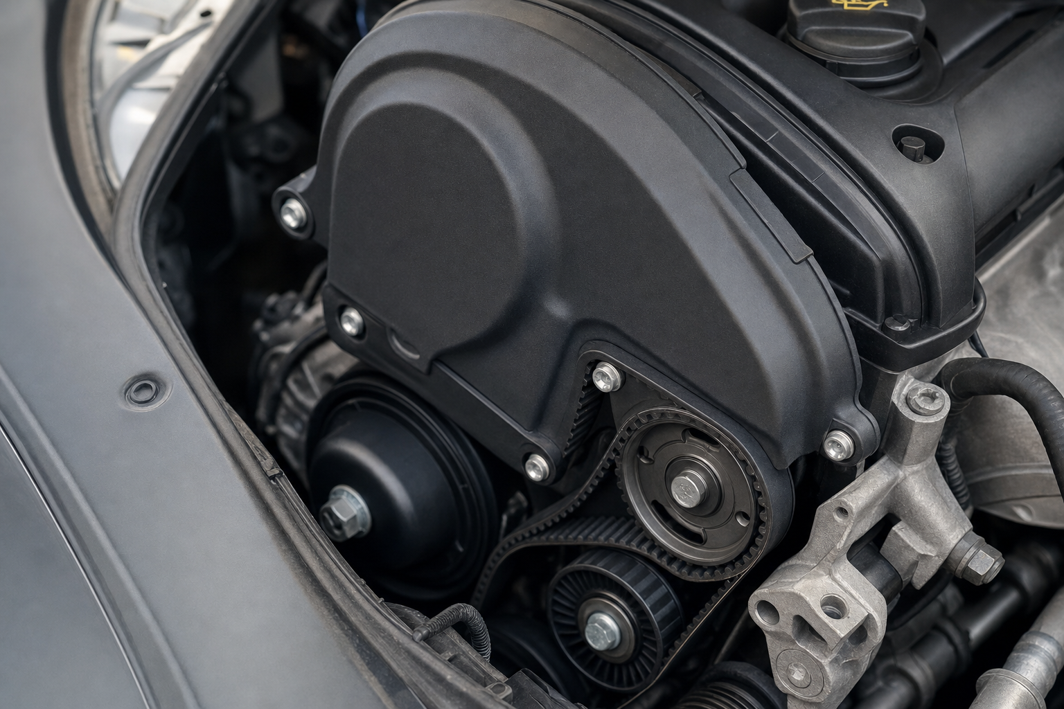 Close-up of a car engine's timing belt and pulley system with surrounding components.