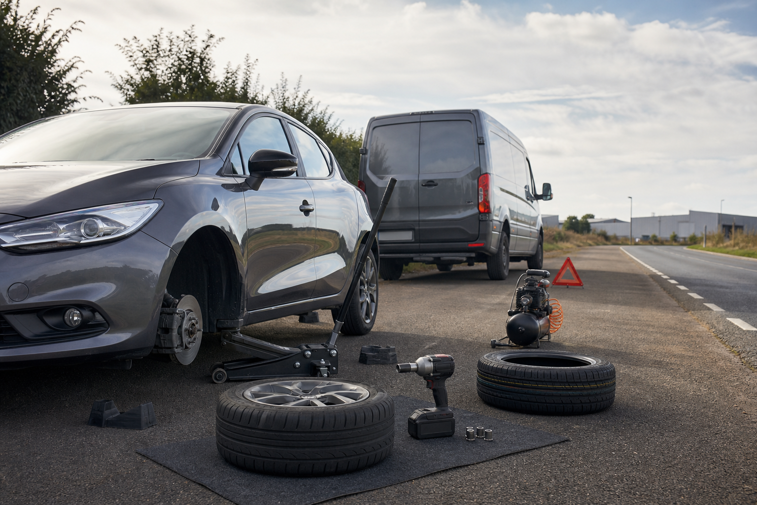 Car on roadside jack with tools and spare tire nearby, van in background.