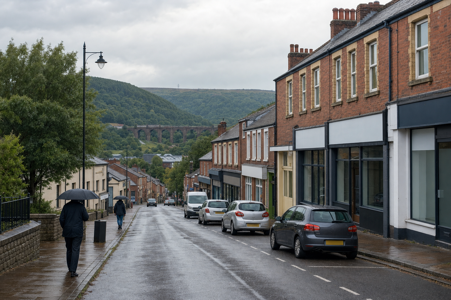 A wet street with people holding umbrellas, parked cars, and a distant view of a viaduct and hills.