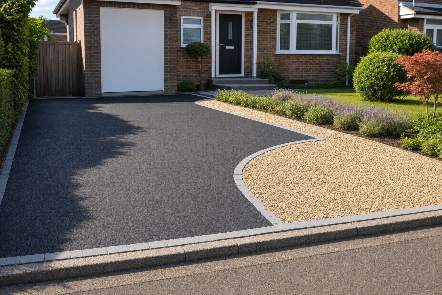 A modern house with a black tarmac driveway and a neatly landscaped garden with gravel and shrubs.