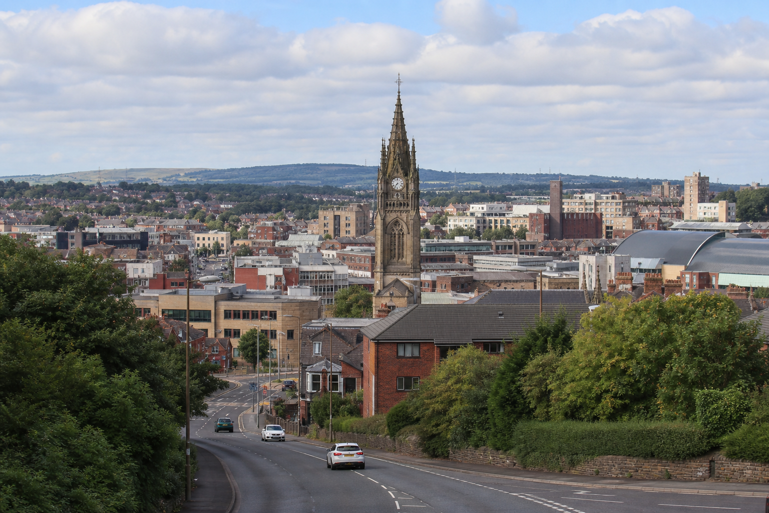 Cityscape with a clock tower, suburban houses, and hills in the background under a partly cloudy sky.
