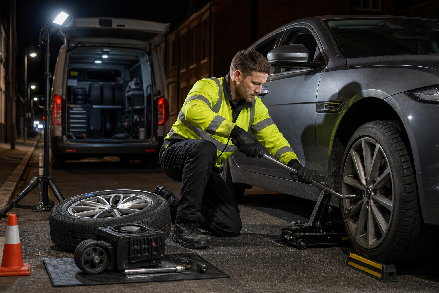 A mechanic in a high-visibility jacket changes a car tyre on a dimly lit street.