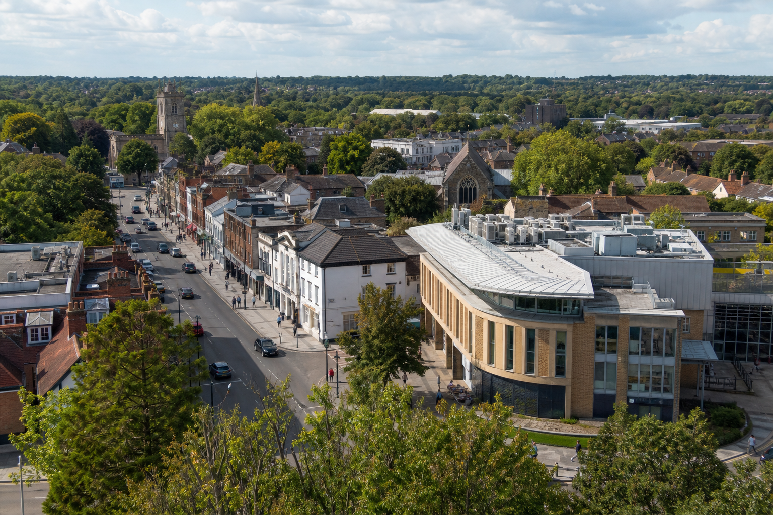 Aerial view of a historic town with tree-lined streets and modern buildings.