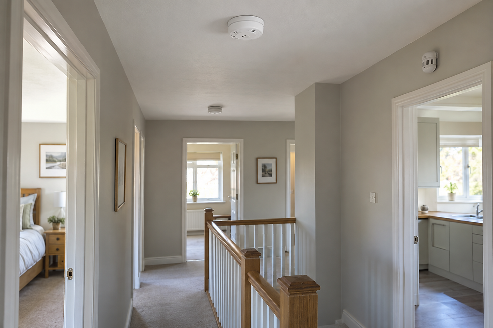 A well-lit hallway features multiple doorways, cream-coloured walls, a wooden banister, and visible smoke detectors on the