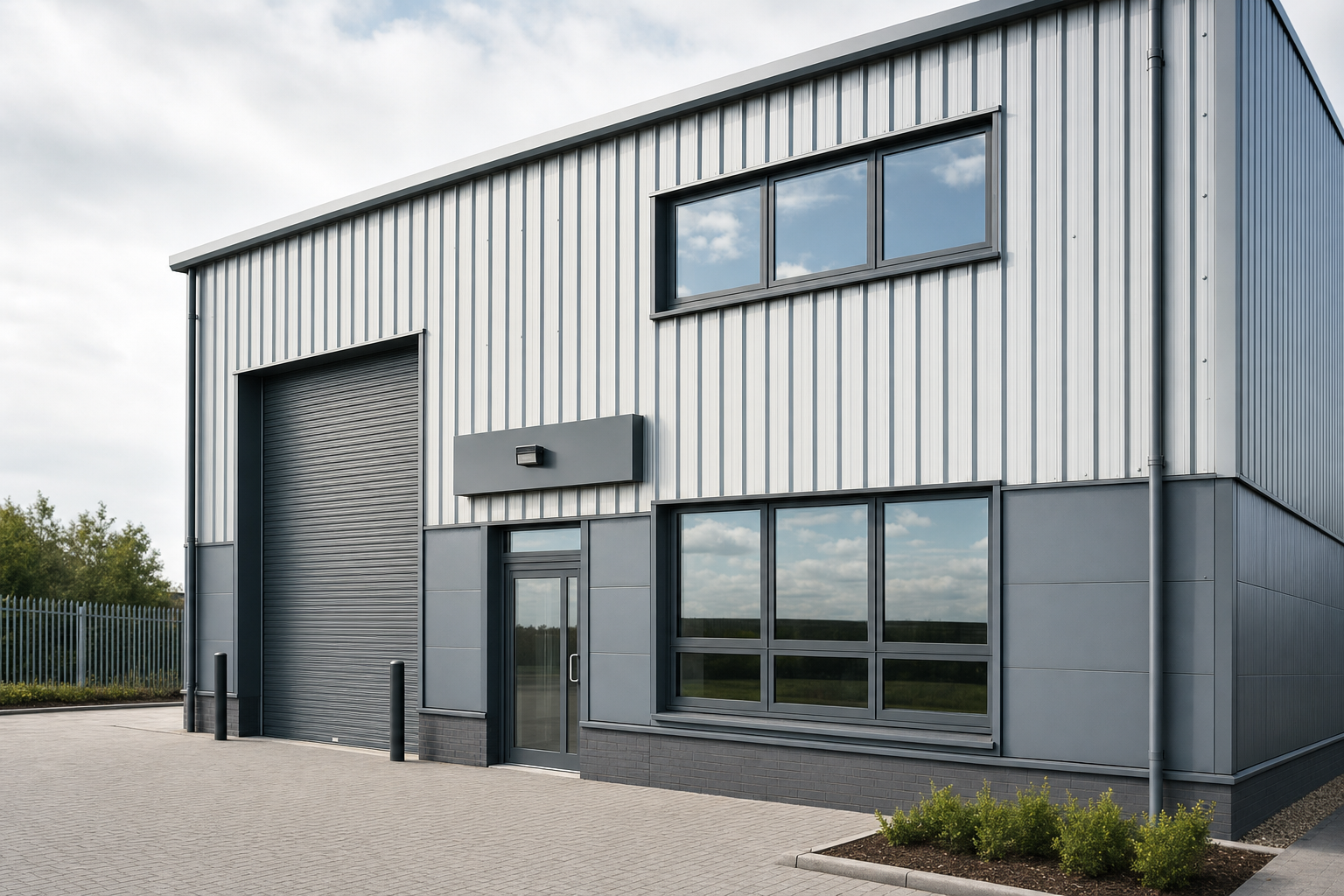 Modern industrial building with grey metal cladding, large windows, and a roller door, set against a cloudy sky.