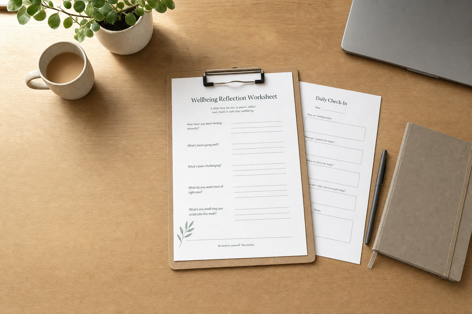 Wellbeing reflection worksheet on clipboard with a daily check-in sheet, pen, notebook, coffee, and plant on a wooden desk.