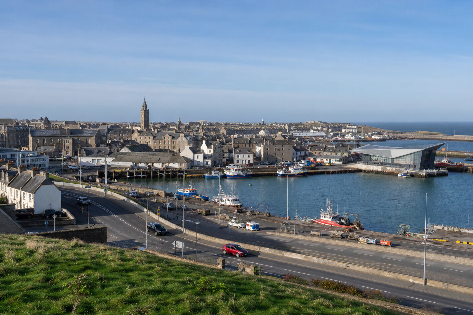 Coastal town with a marina, historic buildings, and a modern structure by the water under a clear blue sky.