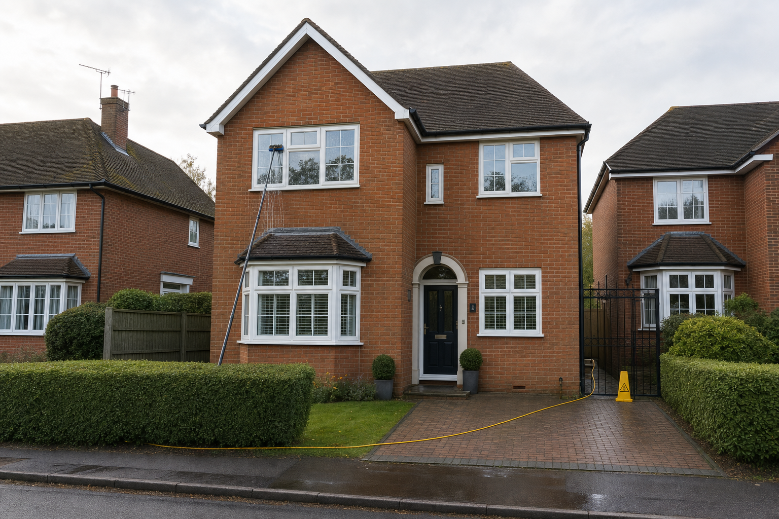 A red brick house with a window cleaning pole reaching the upper floor windows above a neatly trimmed hedge.