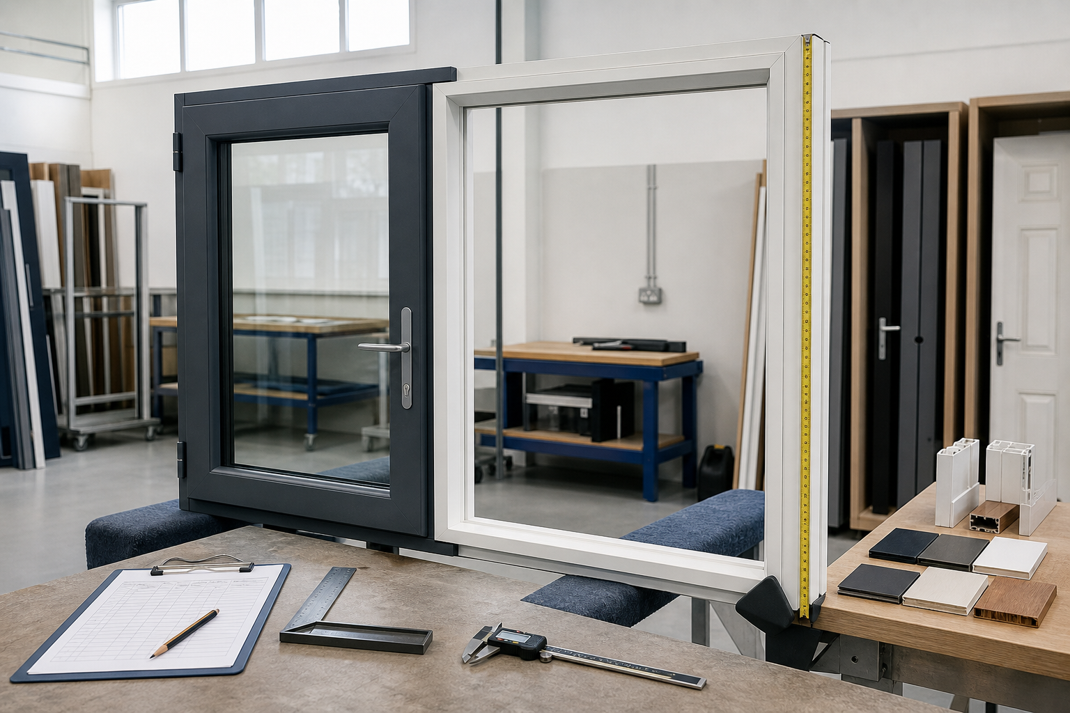 Factory setting with window frames, tools, and material samples on workbenches.