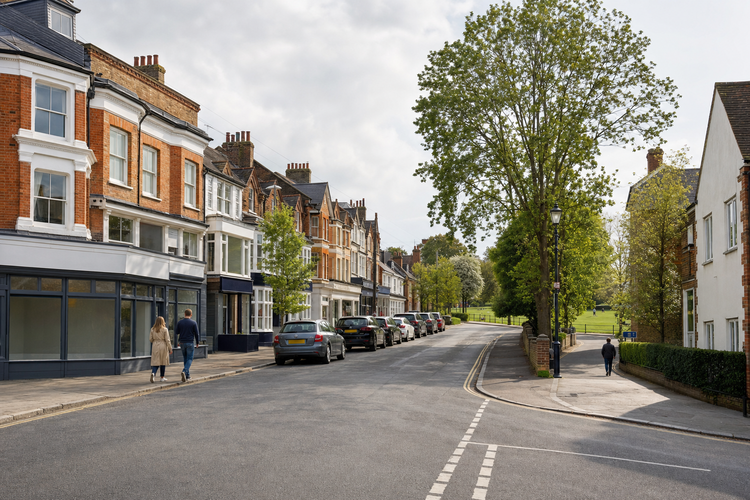 People walking on a quiet residential street lined with parked cars and red brick houses adjacent to a park.