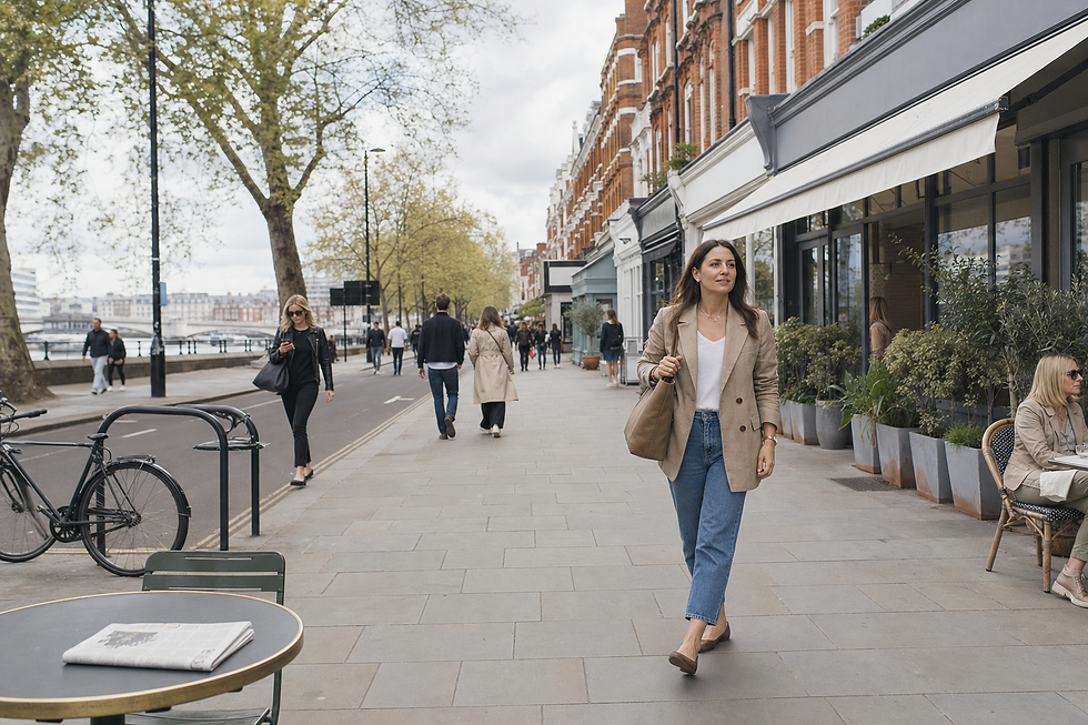 A woman walks along a tree-lined city street, surrounded by people and shops, with a folded newspaper on a table in the