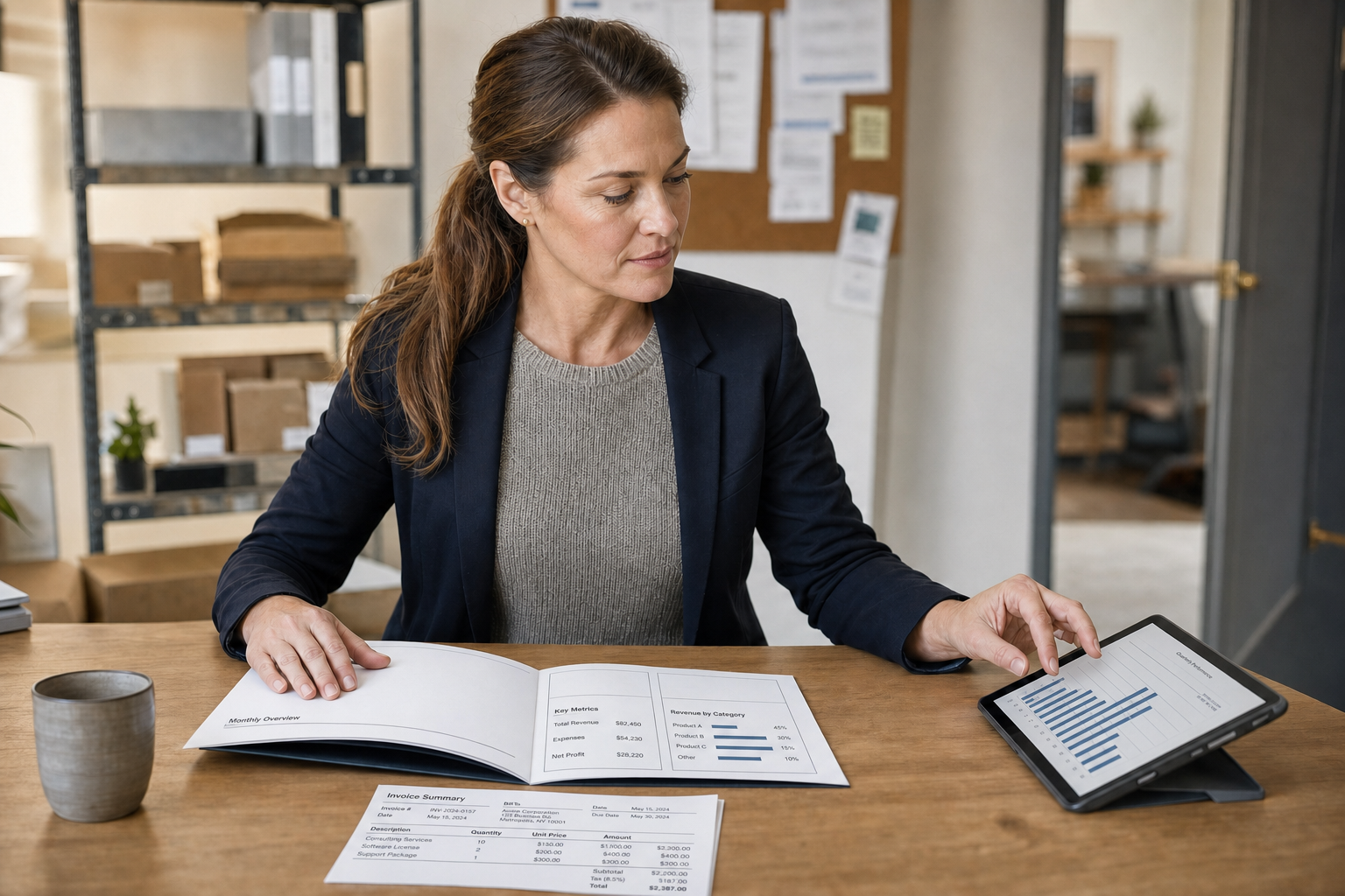 Woman reviewing financial charts on a tablet and documents at a wooden desk in an office setting.