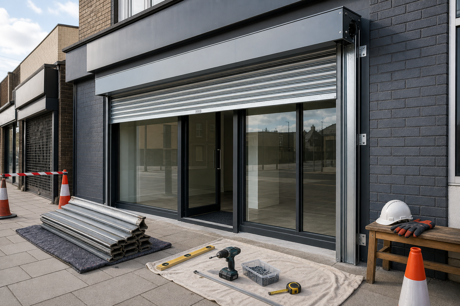 A worker uses a drill to install a metal frame on a storefront from a step ladder.