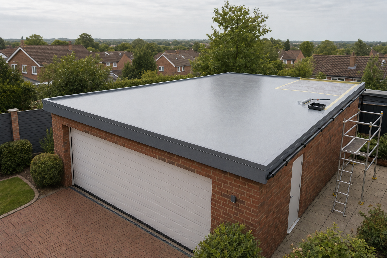 Flat roof on a brick garage with a ladder and painting tools, set in a suburban neighbourhood.