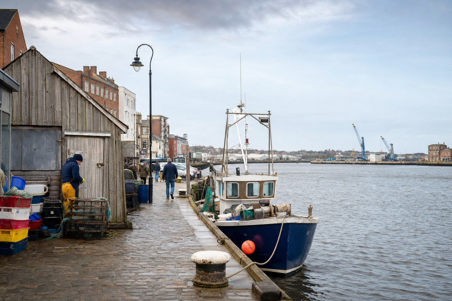 A docked fishing boat on a cobblestone waterfront with people and buildings in the background.