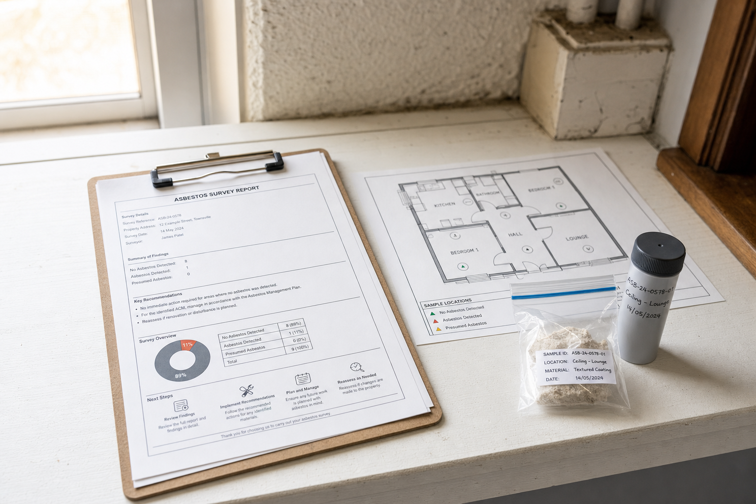 Asbestos survey report, floor plan, and sample container on a desk near a window for analysis purposes.