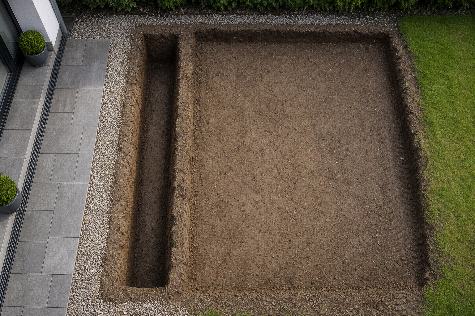 A rectangular excavation in a garden beside a patio, likely for a swimming pool installation.