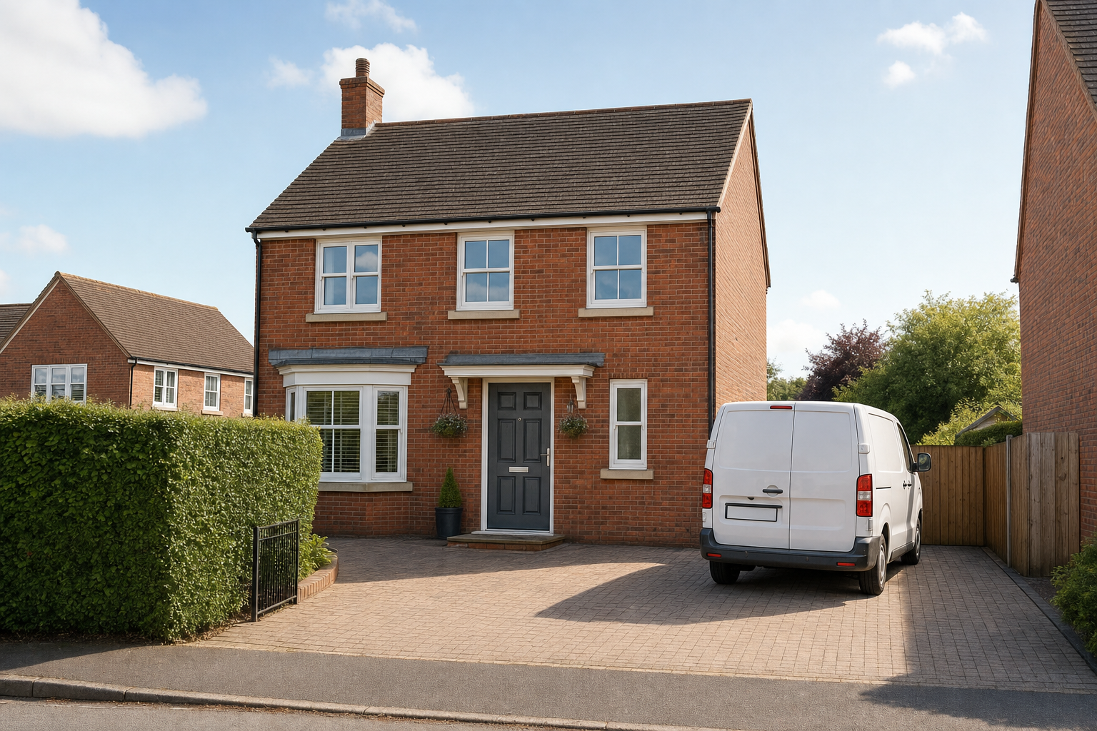 A brick house with a grey door and a white van parked on the driveway under a clear blue sky.