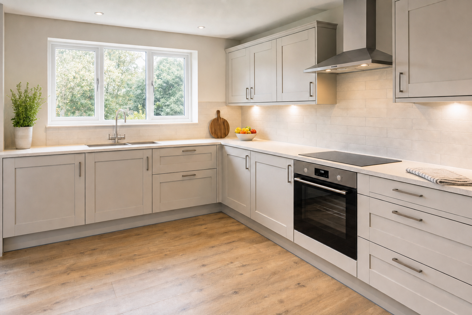 Modern kitchen with light grey cabinets, wooden flooring, and fruits on the counter, illuminated by under-cabinet lights.
