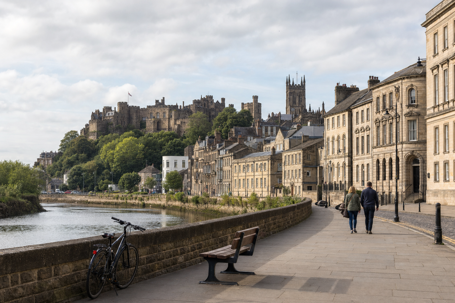 A historic riverside street with a view of a castle and cathedral on a sunny day in Durham, England.
