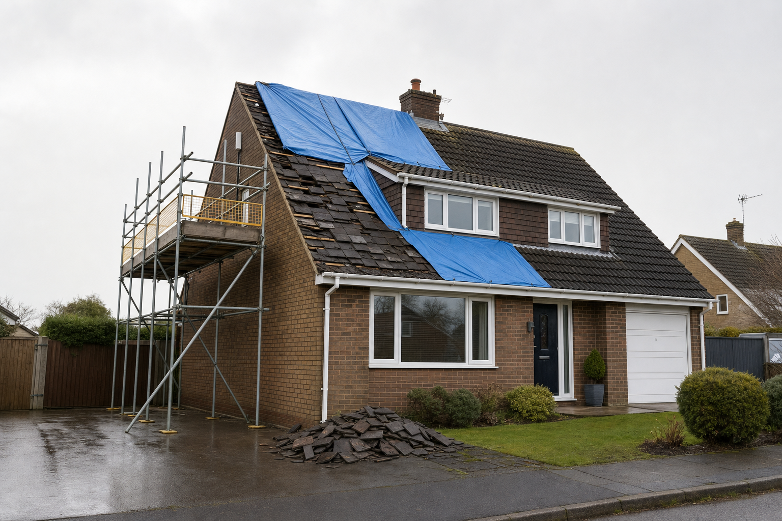 Brick house with scaffolding and tarpaulin-covered roof under repair, tiles scattered on the ground.