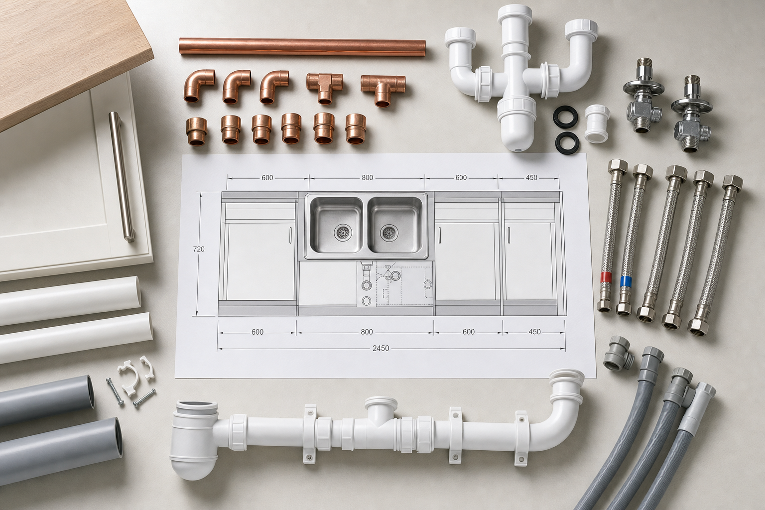Kitchen sink plumbing layout with fittings and pipes arranged around a technical blueprint.