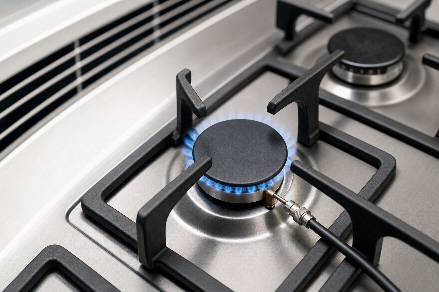 Blue flame burning on a modern stainless steel gas hob with cast iron supports.