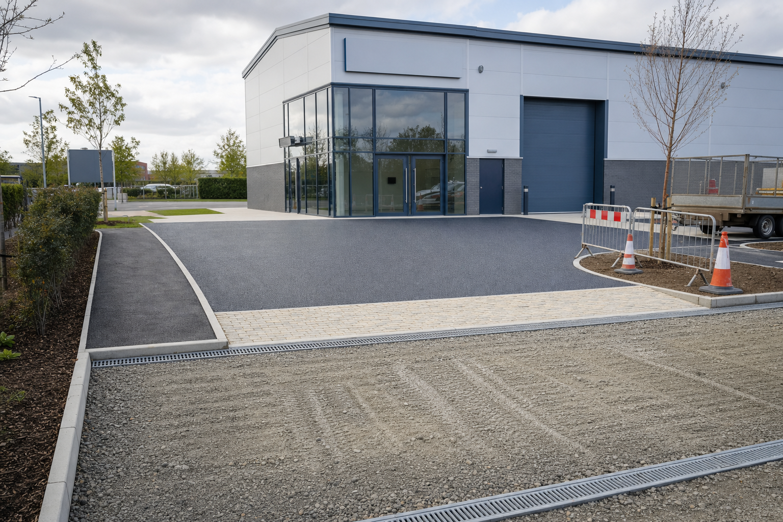Modern warehouse with large glass entrance, surrounded by newly paved surfaces and traffic cones in a commercial area.