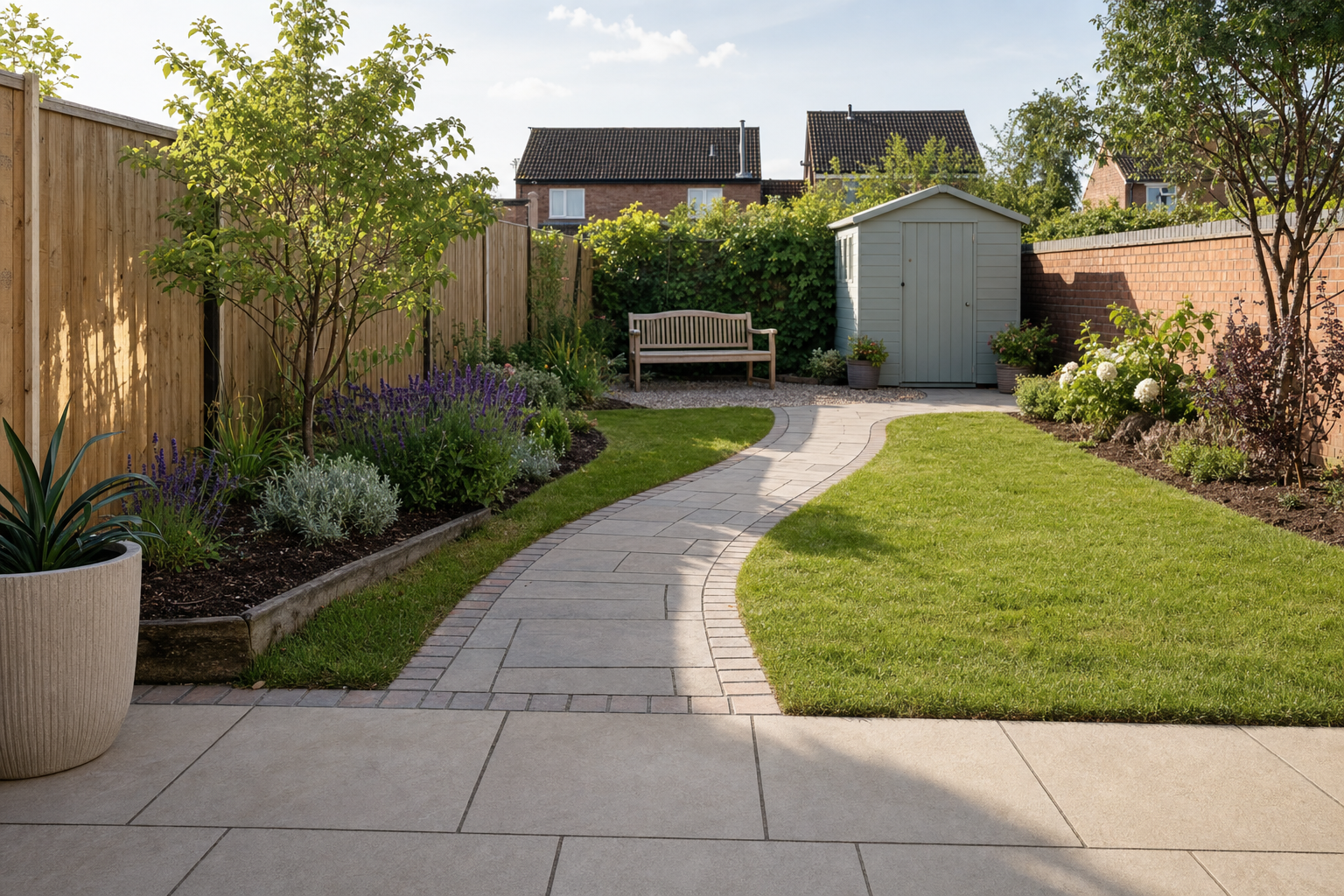 A well-manicured garden featuring a winding stone path, green shed, and wooden bench.