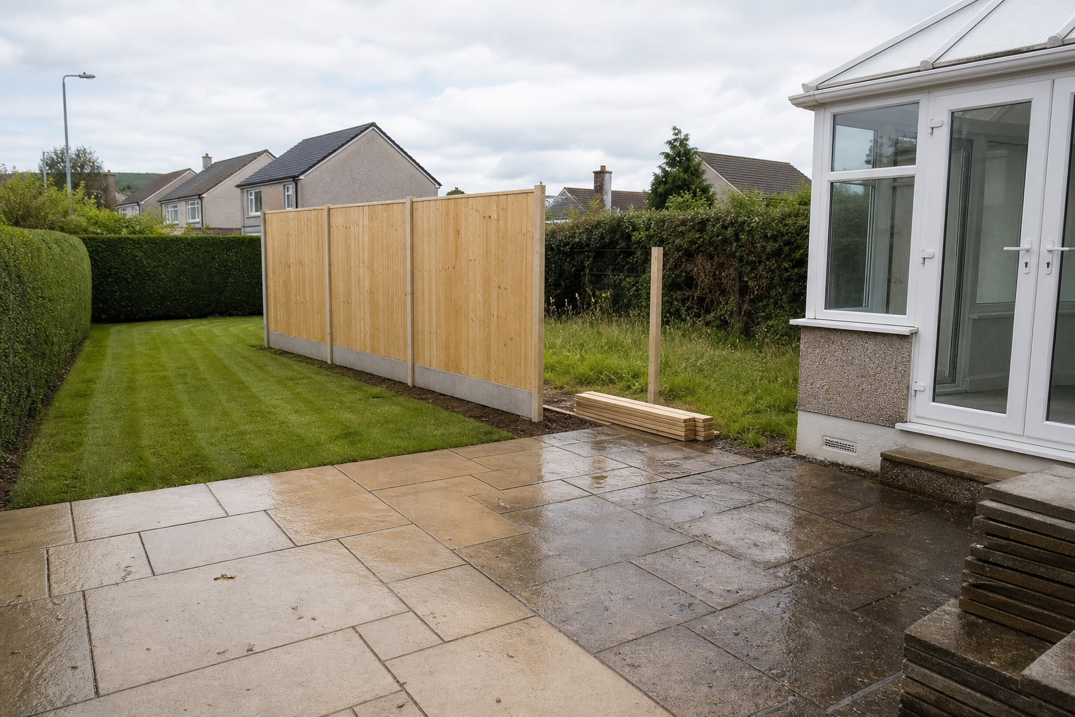A garden with a new wooden fence, wet patio slabs, and a white conservatory on a rainy day.