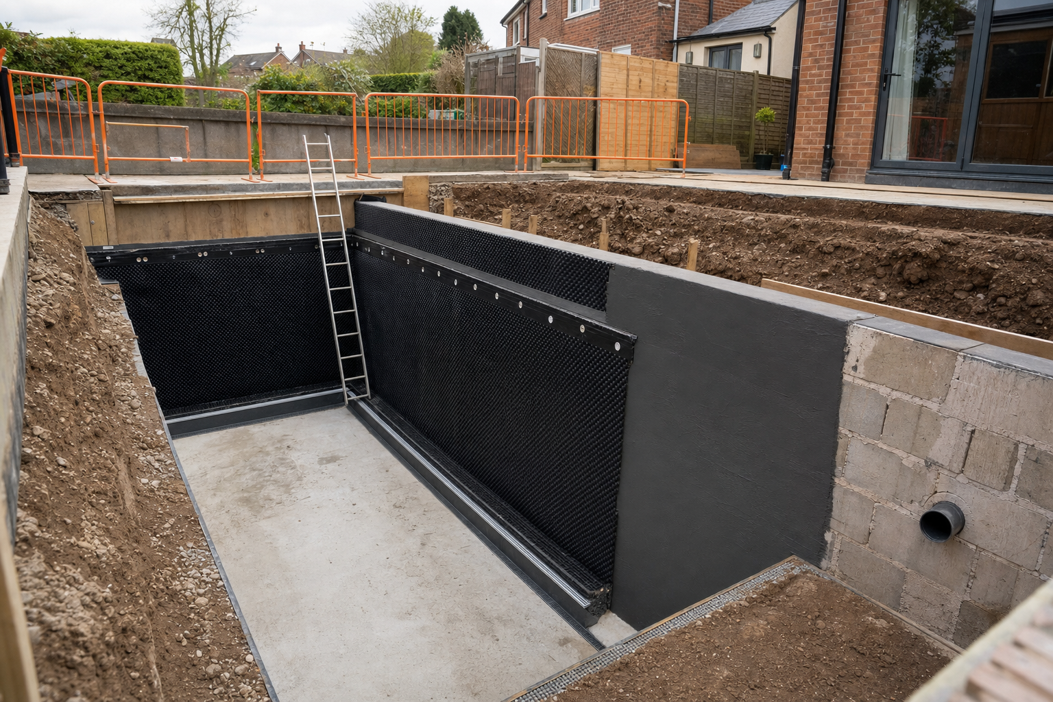 Excavated construction site with a waterproof foundation and a metal ladder against one wall.