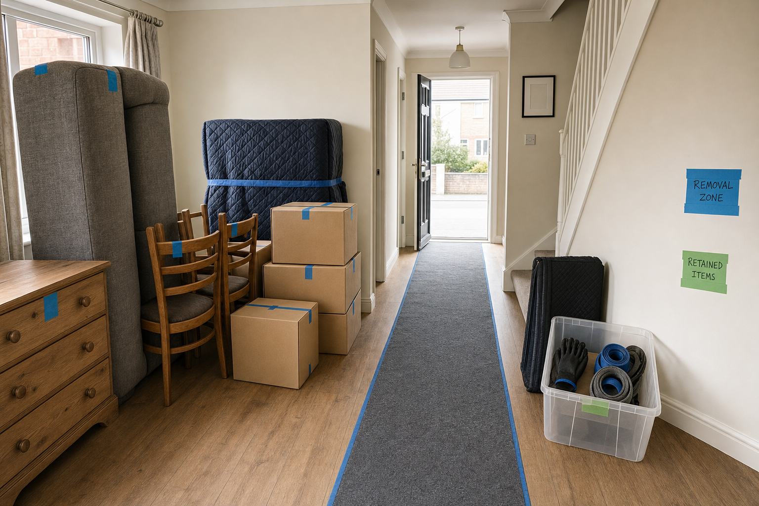 Hallway filled with packed furniture, boxes, and moving supplies, marked with "Removal Zone" and "Retained Items" signs.