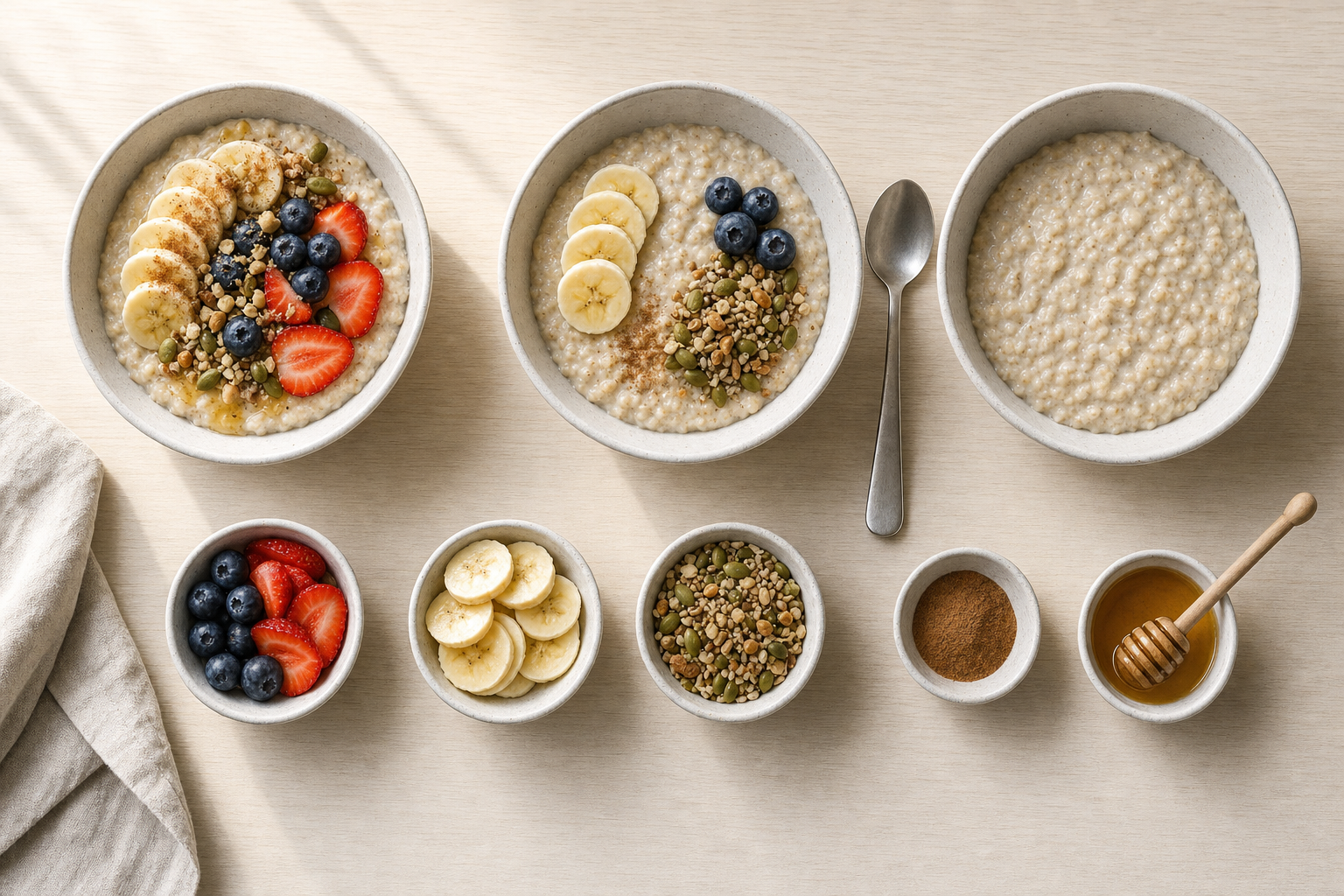 Three bowls of porridge with varied toppings, surrounded by bowls of ingredients like fruit, seeds, cinnamon, and honey.