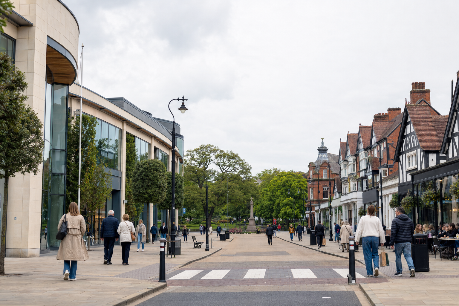 Pedestrians stroll along a charming street lined with trees and historic buildings in a bustling town centre.
