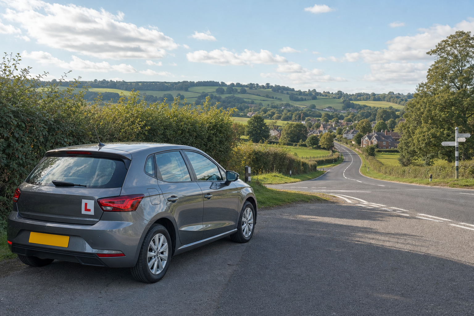 Grey car with an L plate parked by a countryside road, overlooking a scenic village and lush green hills.