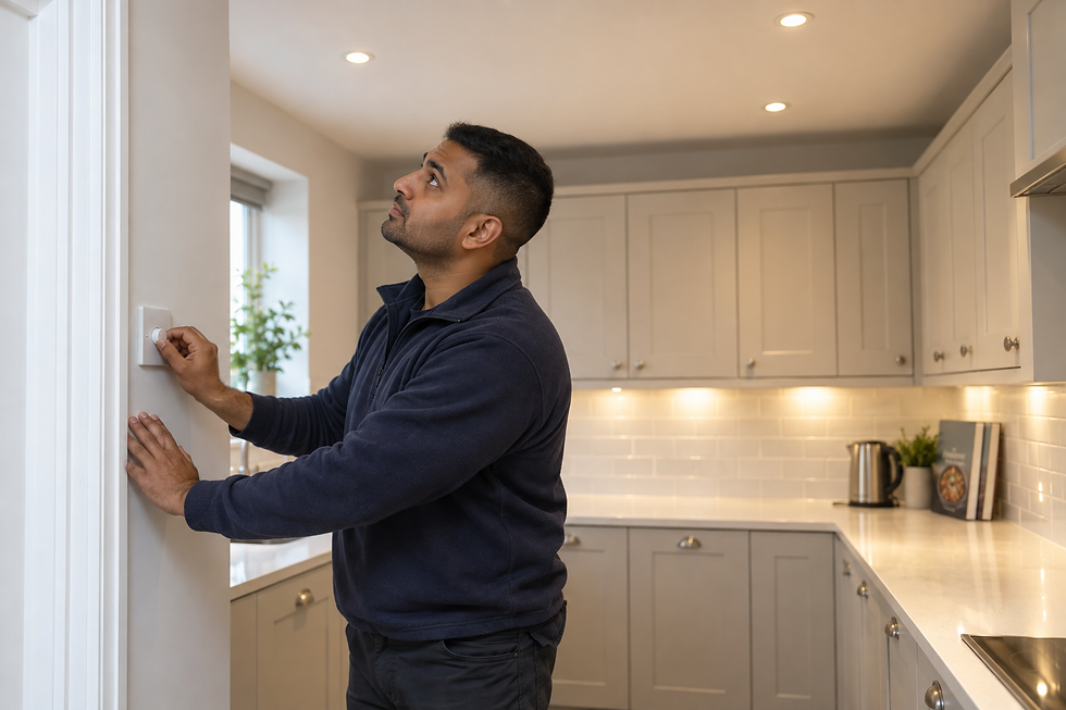 Man adjusting a thermostat on the wall in a modern kitchen with grey cabinets and built-in lighting.
