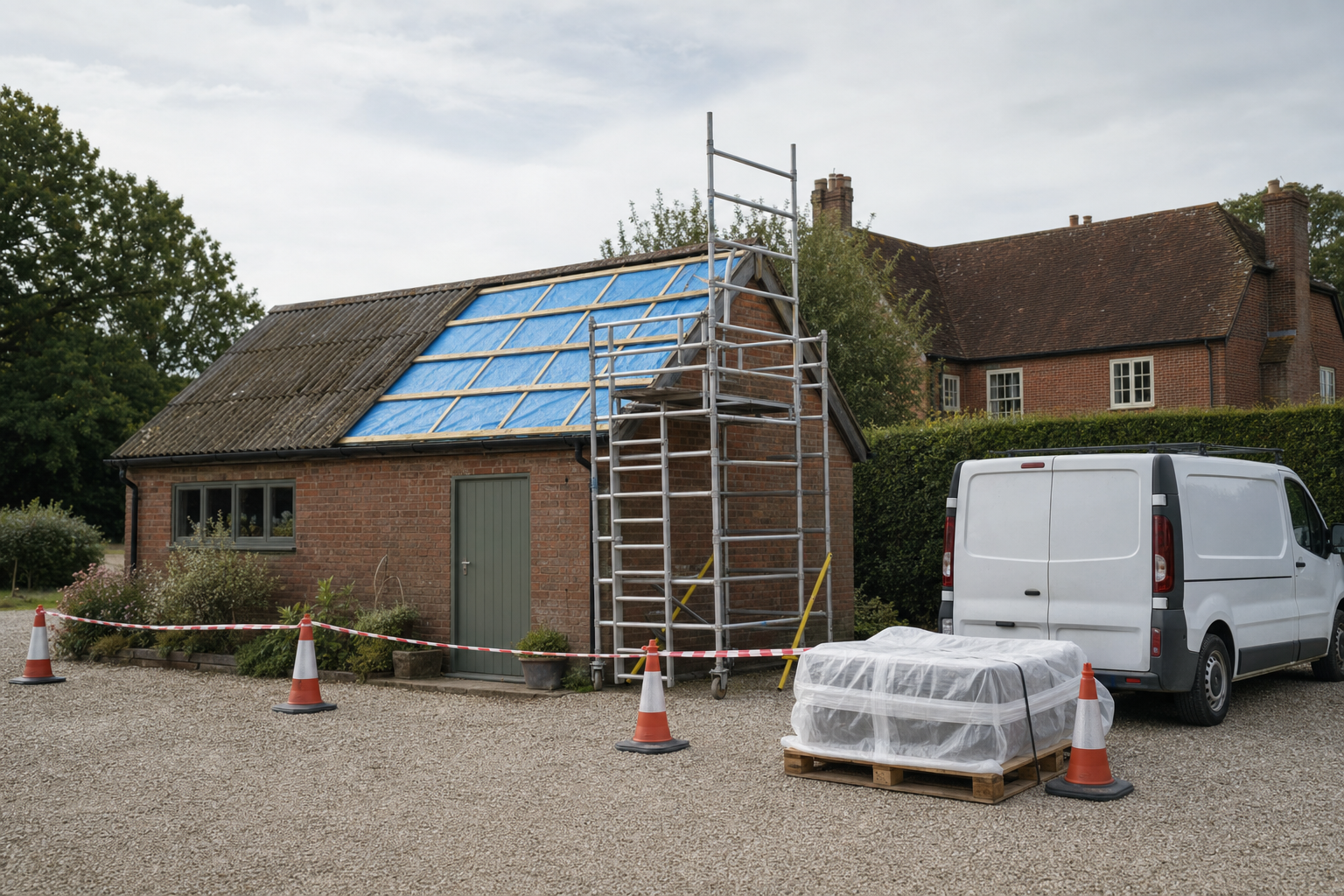 Scaffolding and a covered pallet near a red brick building under roof repair, with a white van parked beside.