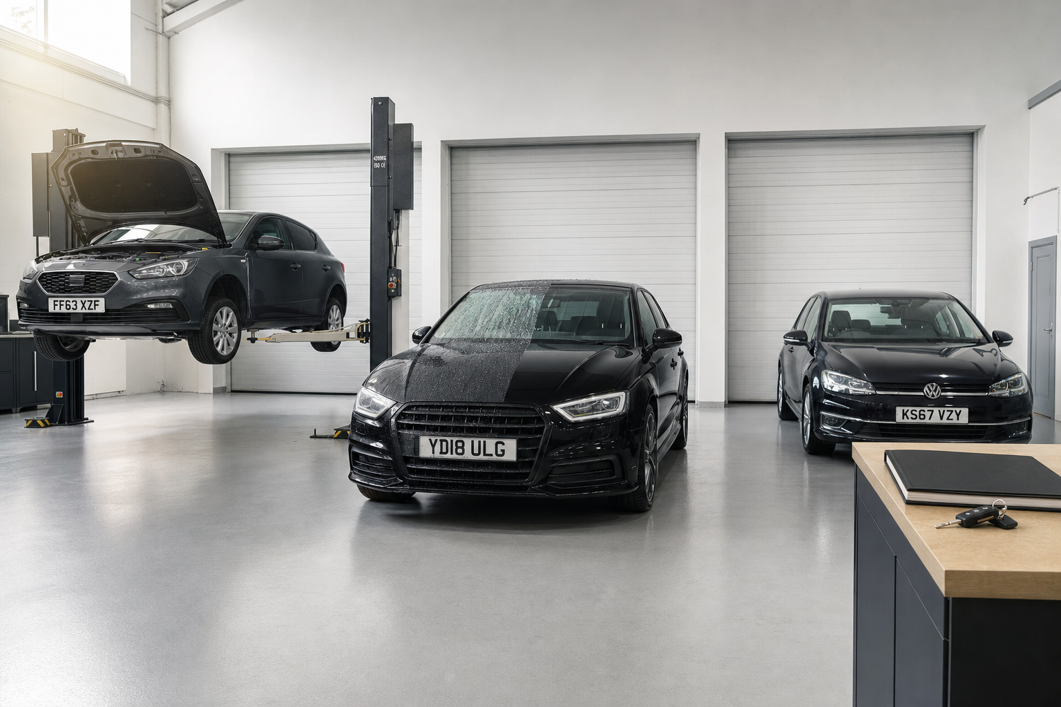 Three cars in a modern garage, with one on a hydraulic lift and two parked under bright lighting.
