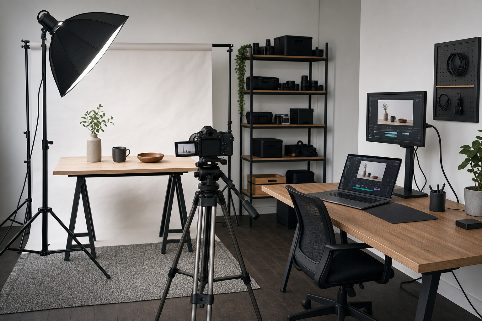 A well-lit photography studio setup with a camera on a tripod facing a styled table and laptop.