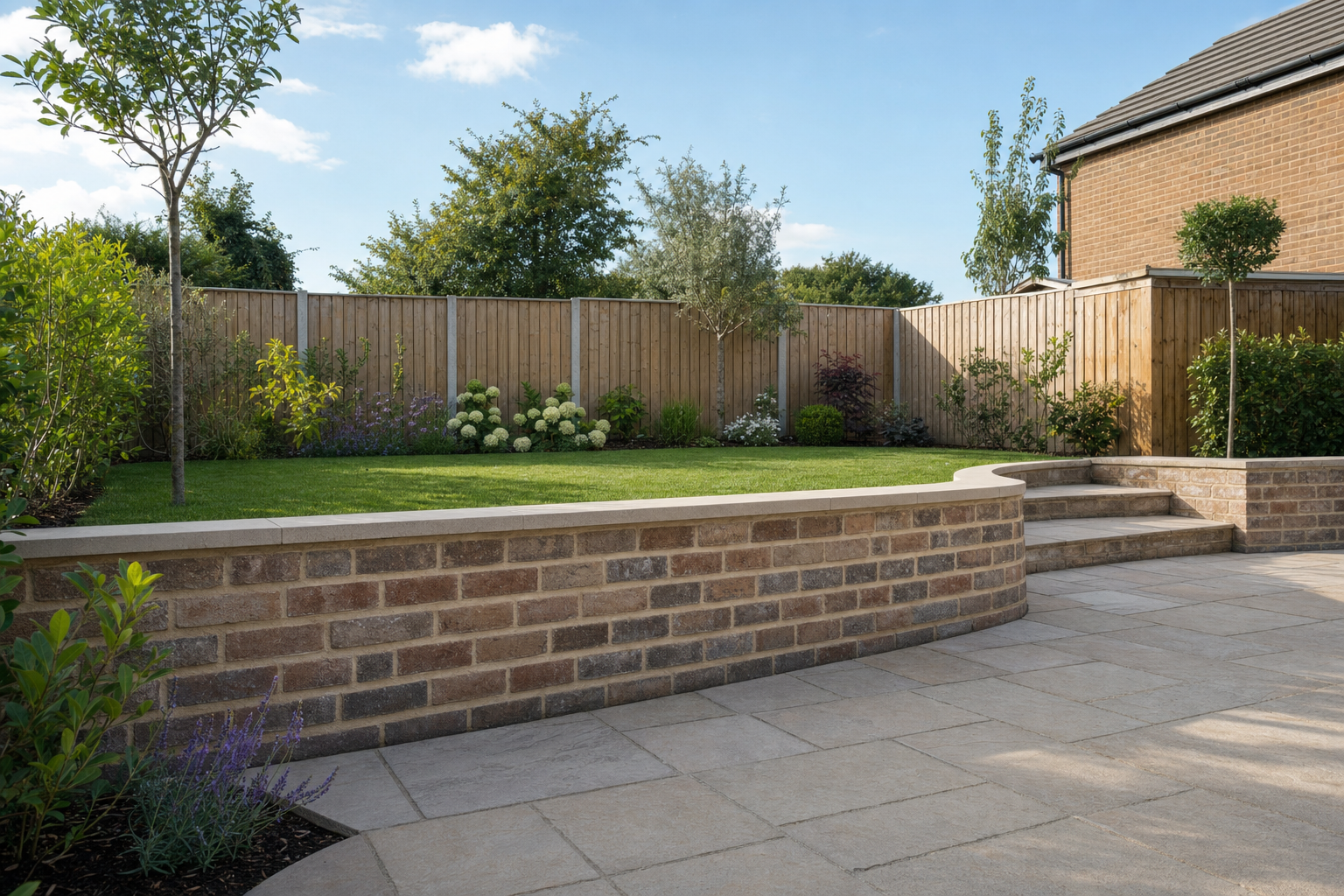 A neatly landscaped garden with a curved brick wall, small trees, and flowering shrubs beside a paved patio area.