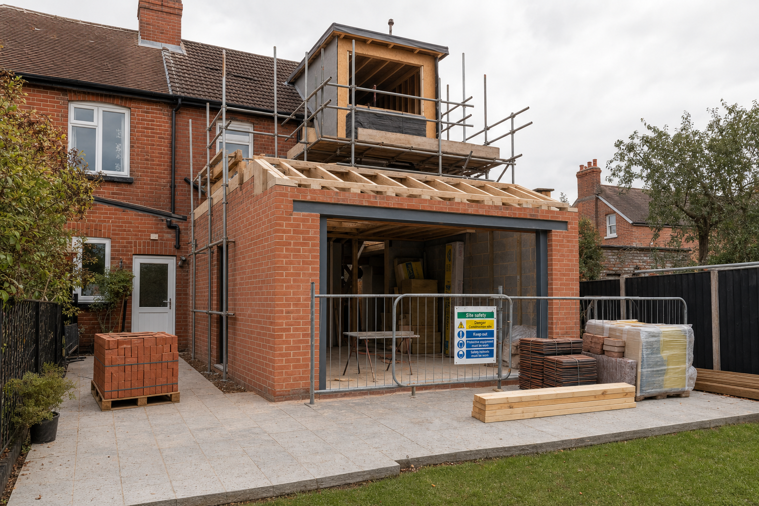 Two-storey brick house under construction, with scaffolding, building materials, and safety signage visible.