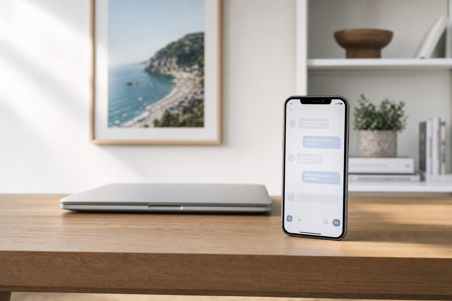 Smartphone displaying a chat conversation standing on a wooden desk next to a closed laptop and a framed beach photo.