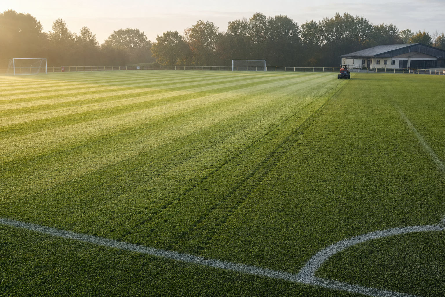 A football pitch is being mowed in the early morning light, with visible stripes on the grass and trees in the background.