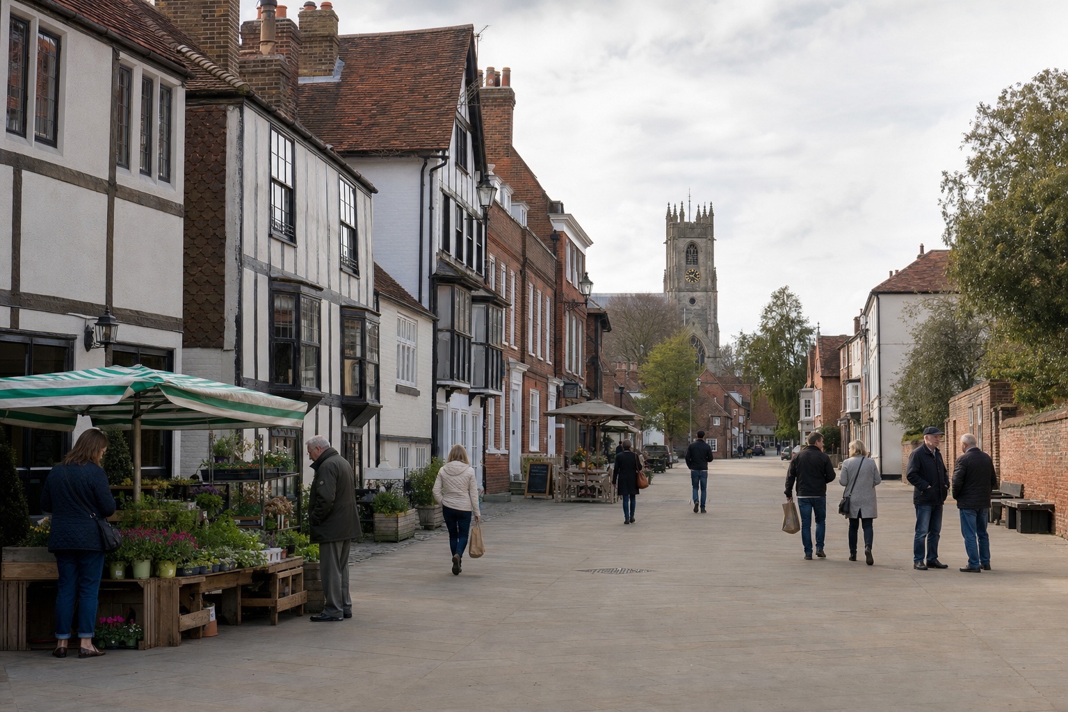 People stroll through a quaint street market in a historic town with a church tower in the background.