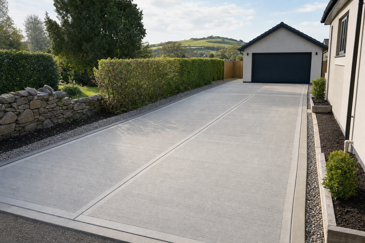 Concrete driveway leading to a garage, bordered by hedges and a stone wall, with a scenic countryside view.