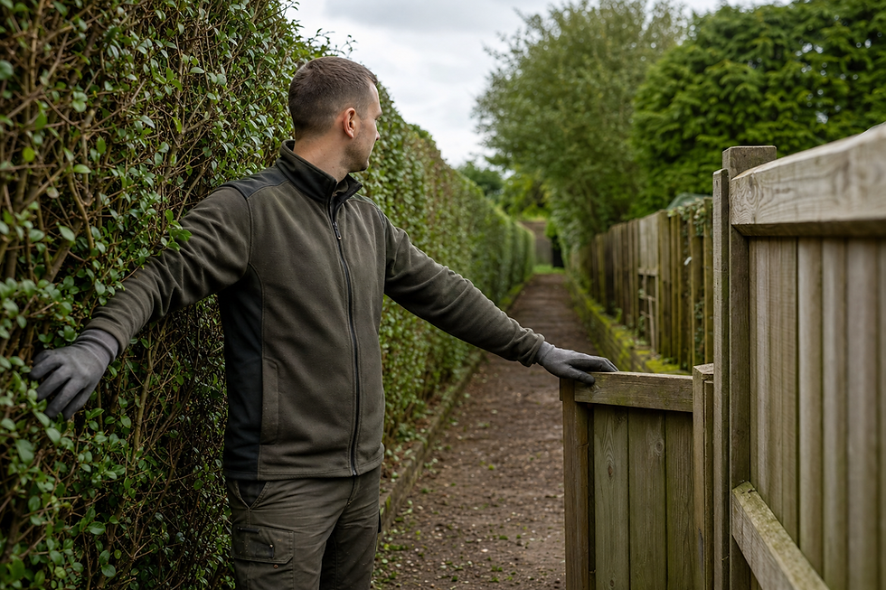 Man in outdoor clothing opens a garden gate while looking down a narrow, hedge-lined path.