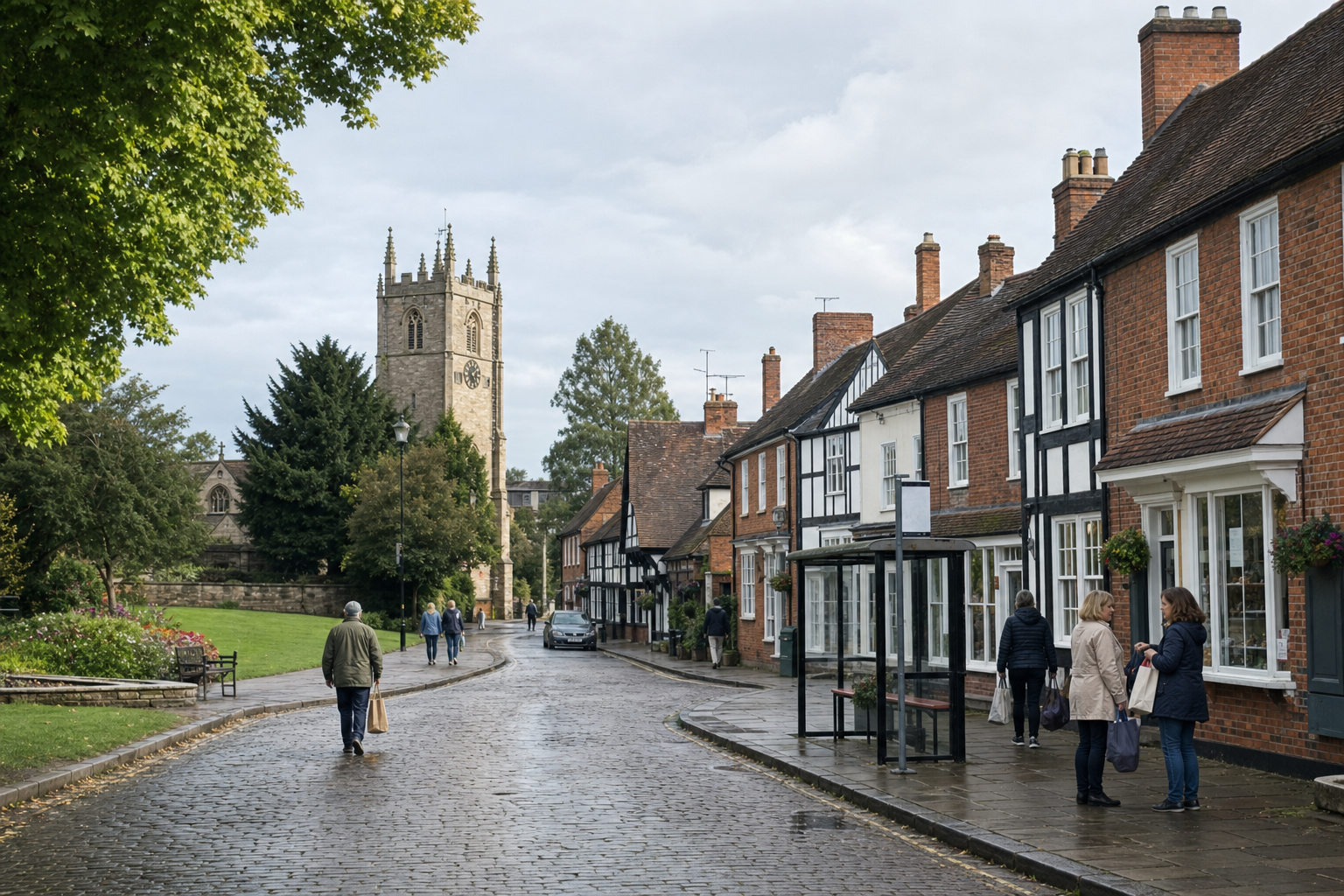 Pedestrian street with historic houses and a church tower in the background, featuring people walking and conversing.