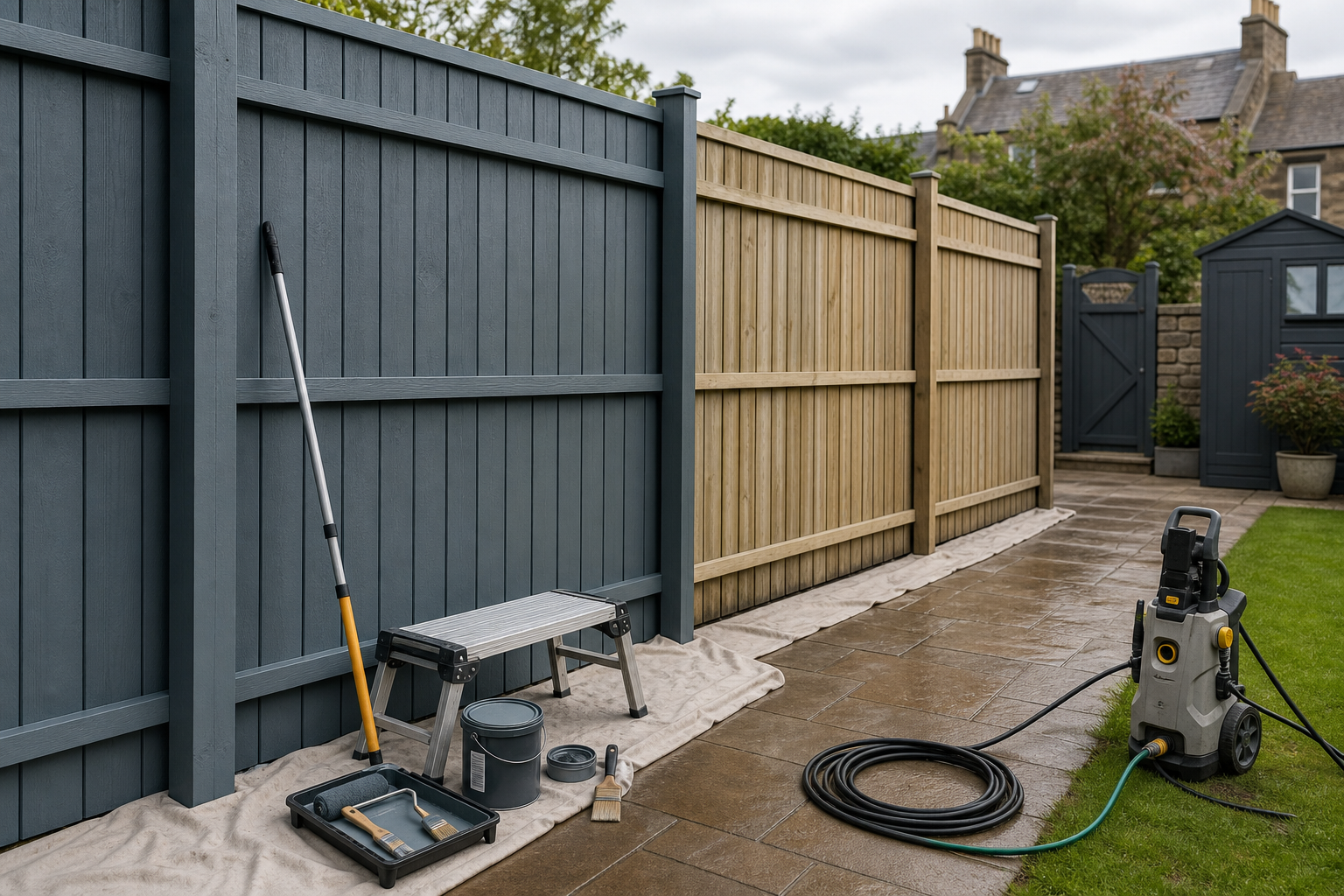 Outdoor fence painting setup with tools, ladder, and pressure washer next to a wooden and painted fence.
