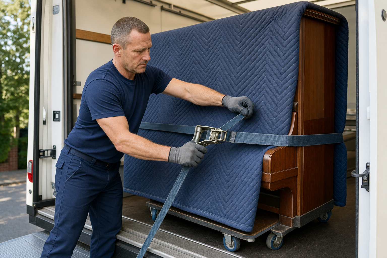 Man securing a padded upright piano in a removal van with ratchet straps.